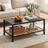 2-Tier Boho Coffee Table for Living Room Rectangular Center Table with Rubber Wood Frame and PVC Rattan Storage Shelf
