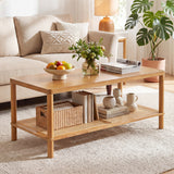 2-Tier Boho Coffee Table for Living Room Rectangular Center Table with Rubber Wood Frame and PVC Rattan Storage Shelf