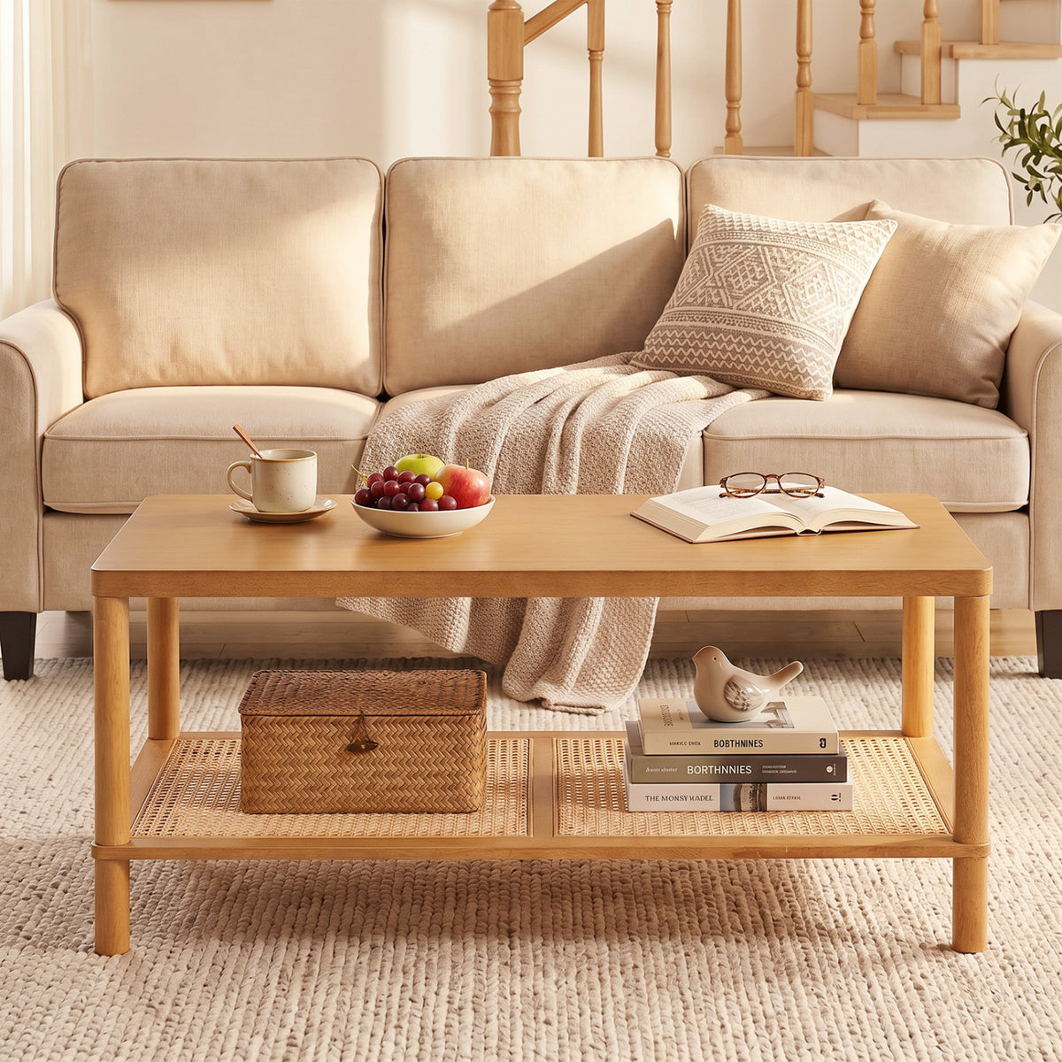 2-Tier Boho Coffee Table for Living Room Rectangular Center Table with Rubber Wood Frame and PVC Rattan Storage Shelf
