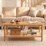 2-Tier Boho Coffee Table for Living Room Rectangular Center Table with Rubber Wood Frame and PVC Rattan Storage Shelf