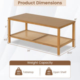 2-Tier Boho Coffee Table for Living Room Rectangular Center Table with Rubber Wood Frame and PVC Rattan Storage Shelf