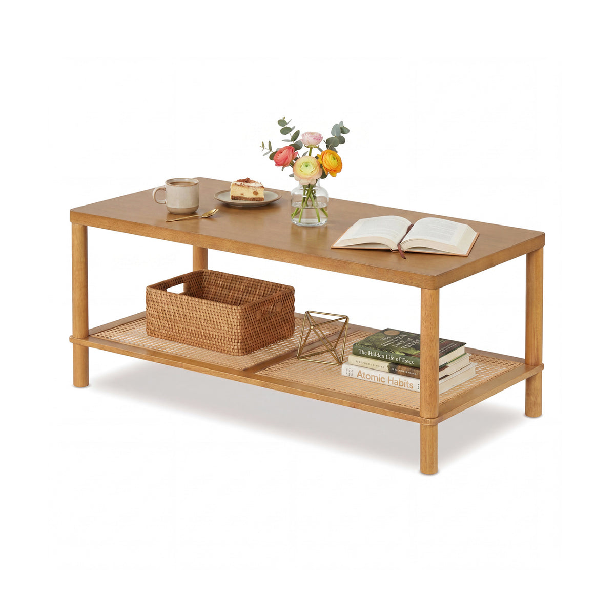 2-Tier Boho Coffee Table for Living Room Rectangular Center Table with Rubber Wood Frame and PVC Rattan Storage Shelf