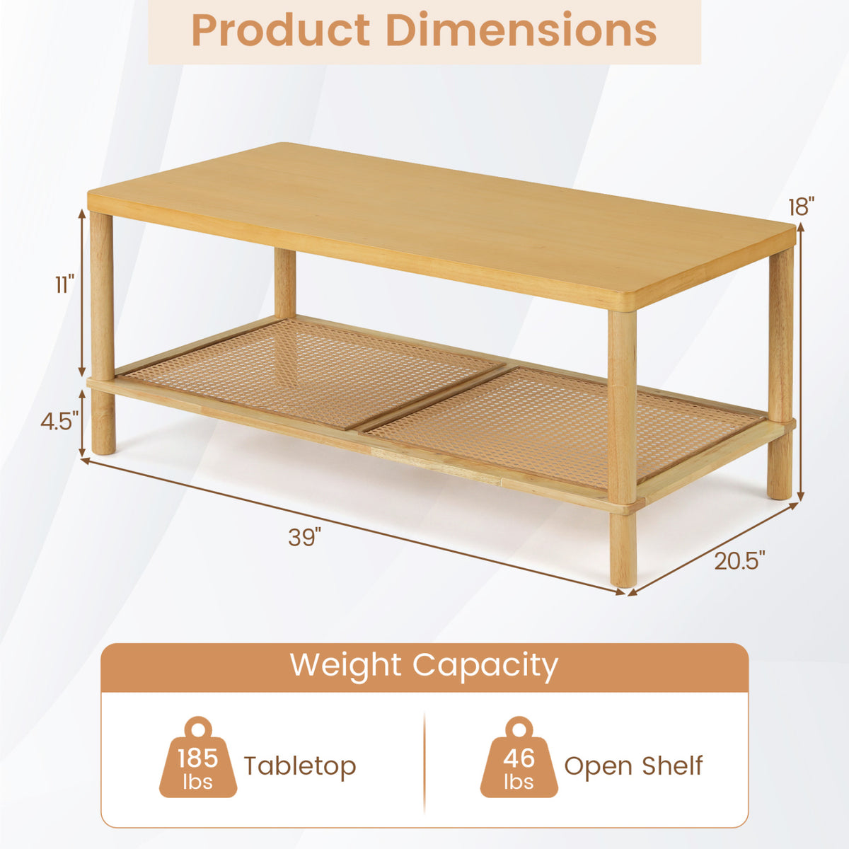 2-Tier Boho Coffee Table for Living Room Rectangular Center Table with Rubber Wood Frame and PVC Rattan Storage Shelf