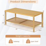 2-Tier Boho Coffee Table for Living Room Rectangular Center Table with Rubber Wood Frame and PVC Rattan Storage Shelf