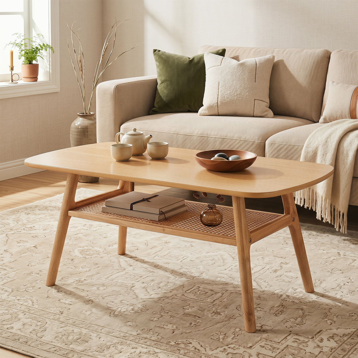 2-Tier Boho Rattan Coffee Table with Rounded Corners