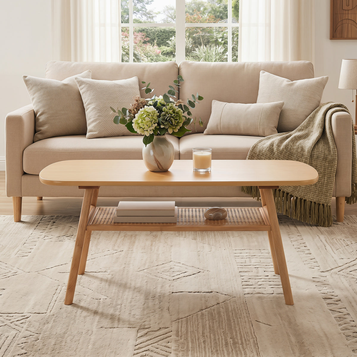 2-Tier Boho Rattan Coffee Table with Rounded Corners