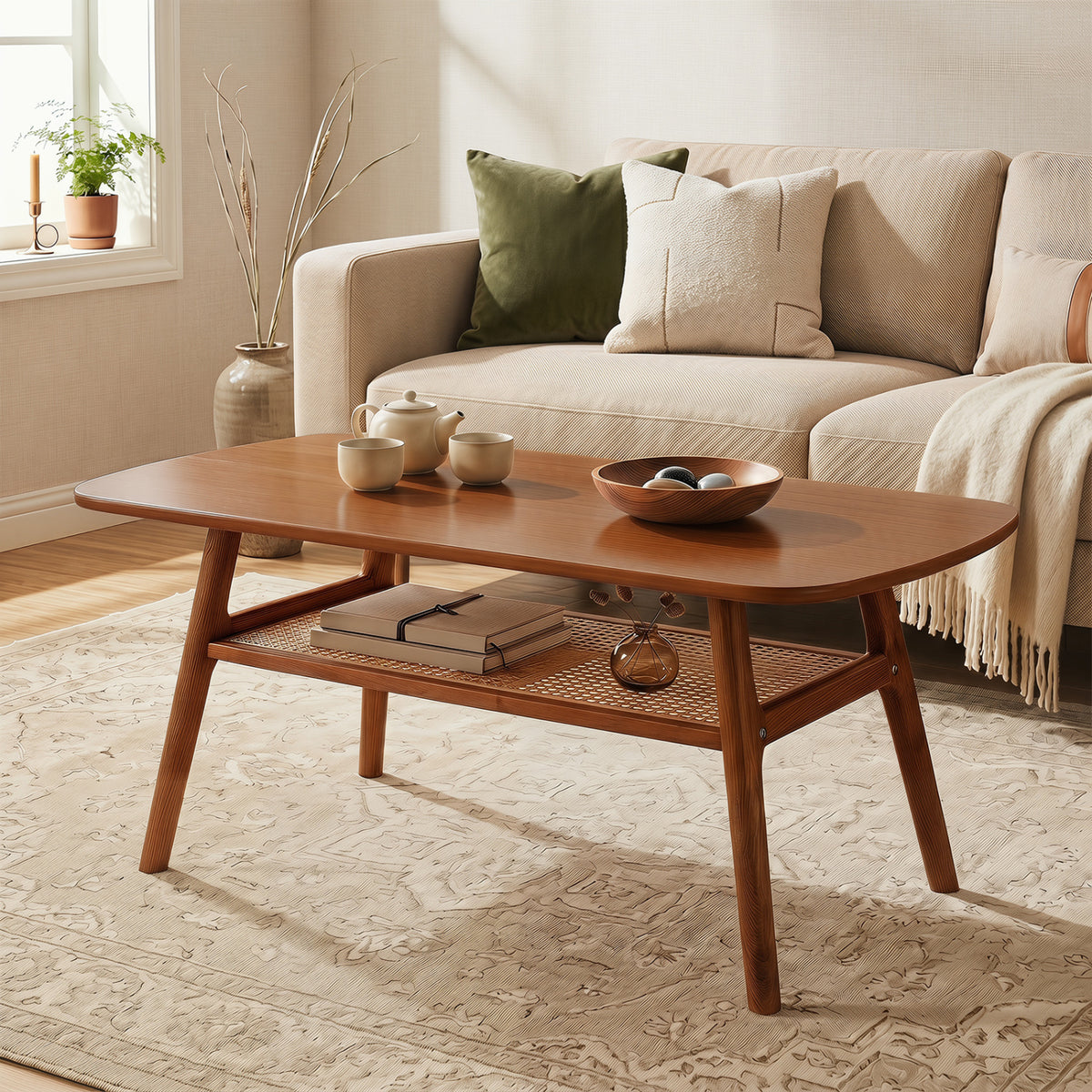 2-Tier Boho Rattan Coffee Table with Rounded Corners