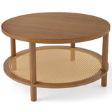 2-Tier Boho Round Rattan Coffee Table with Storage Shelf-Walnut