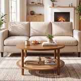 2-Tier Boho Round Rattan Coffee Table with Storage Shelf-Walnut