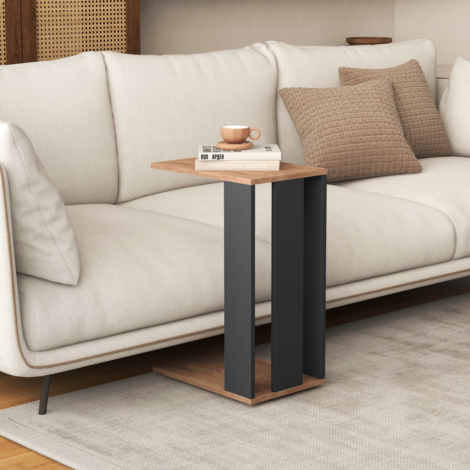 2-Tier C-Shaped Side Table with Universal Wheels and Shelf-Rustic Brown