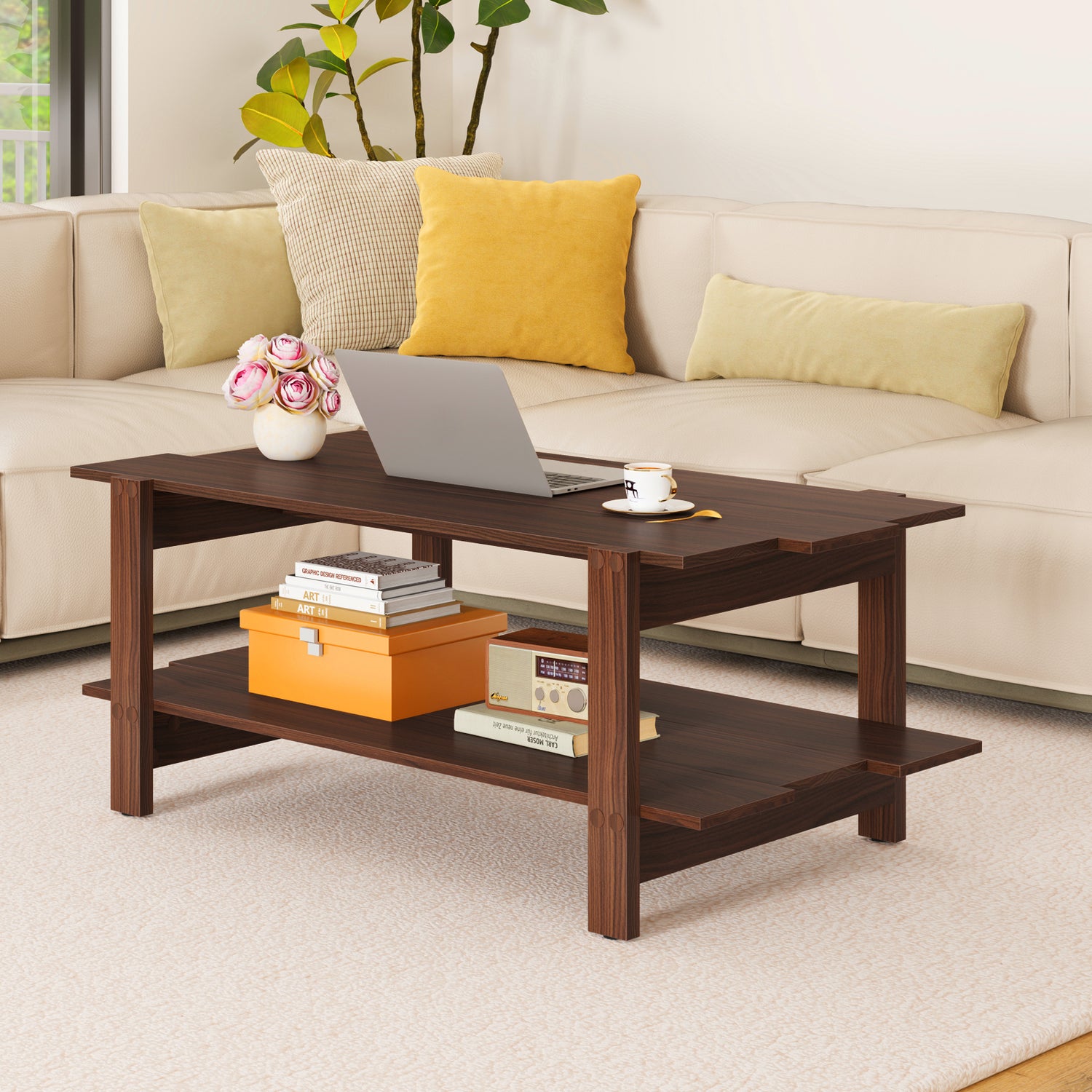 2-Tier Coffee Table Slatted Wood Center Table with Storage Shelf