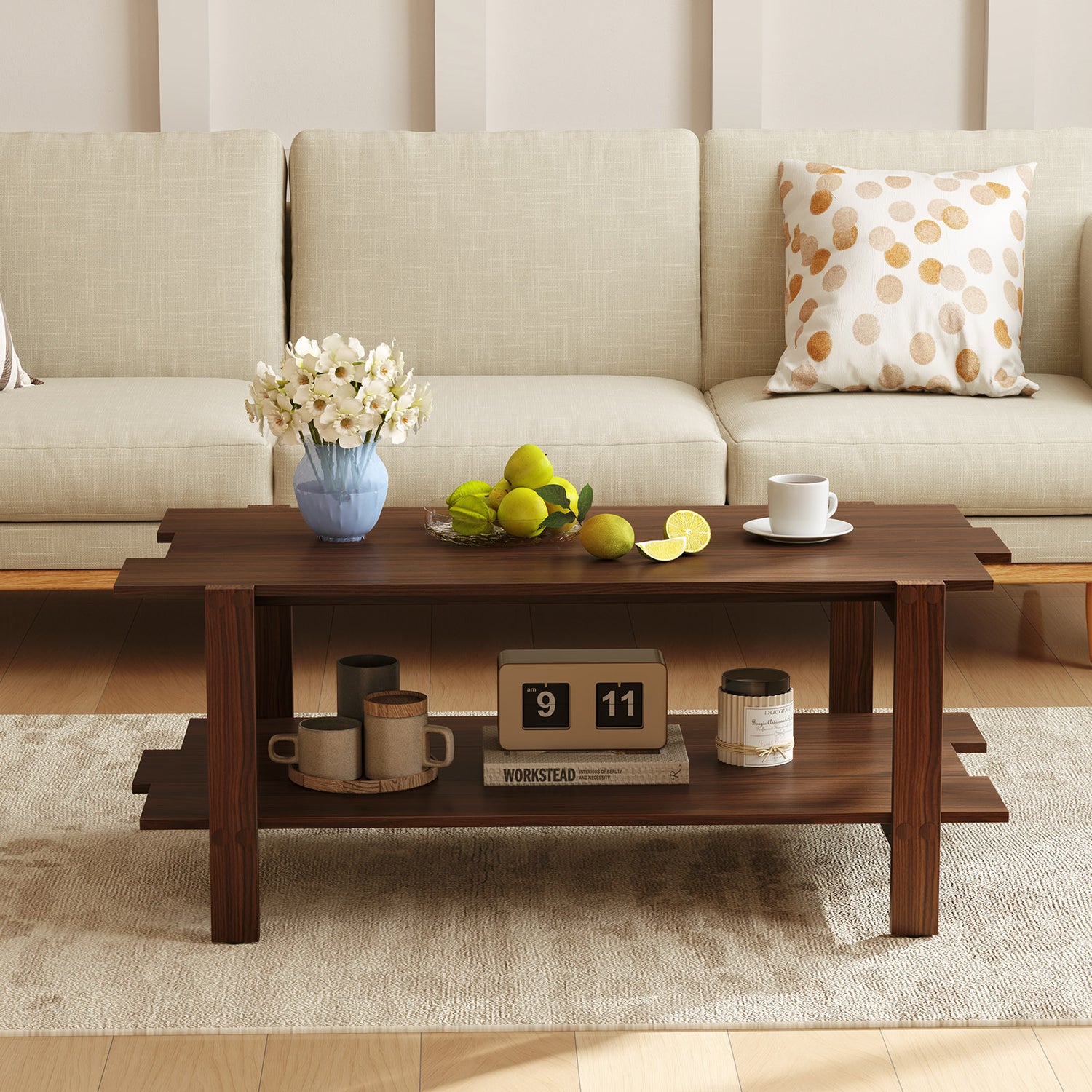 2-Tier Coffee Table Slatted Wood Center Table with Storage Shelf