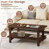 2-Tier Coffee Table Slatted Wood Center Table with Storage Shelf