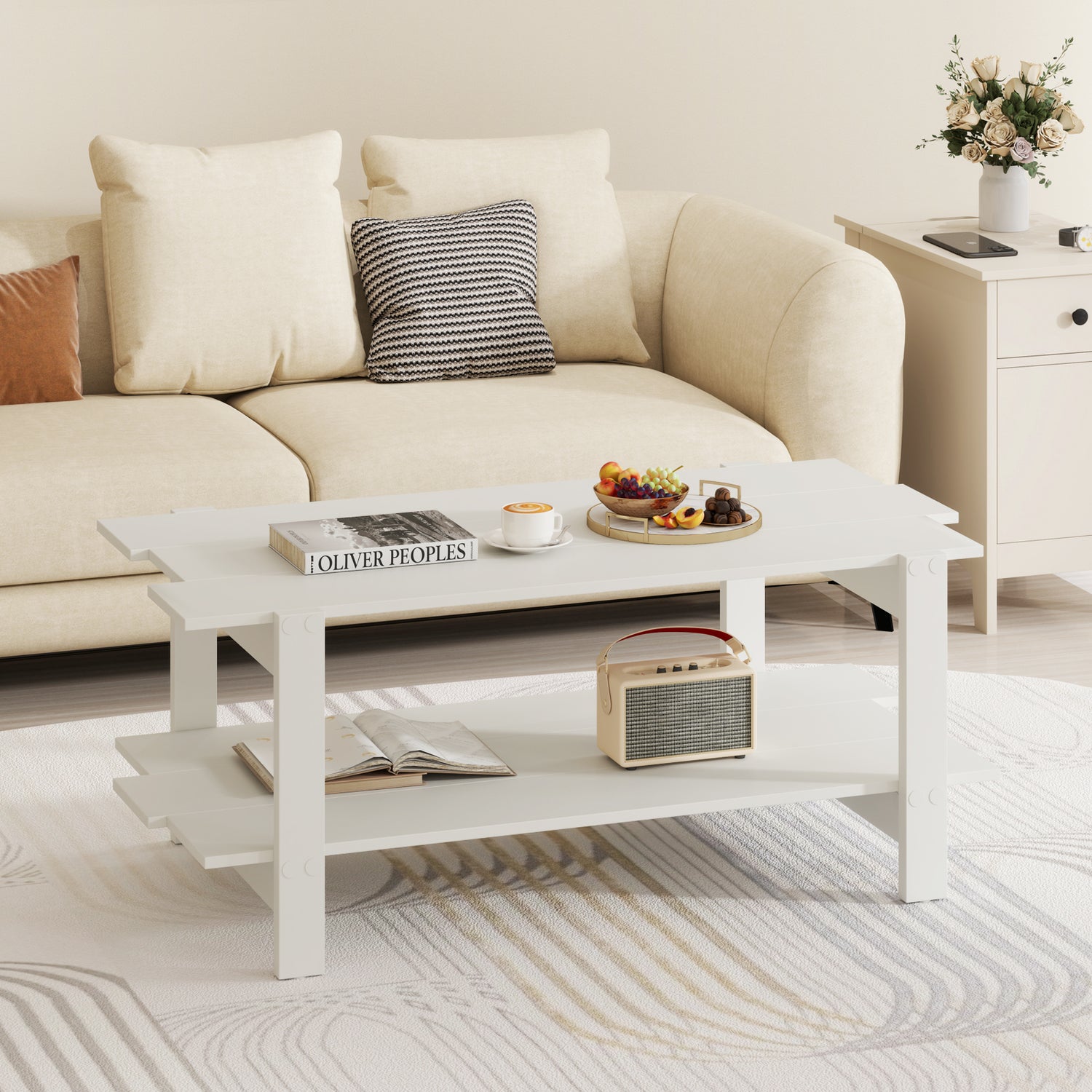 2-Tier Coffee Table Slatted Wood Center Table with Storage Shelf