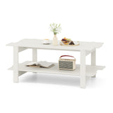 2-Tier Coffee Table Slatted Wood Center Table with Storage Shelf