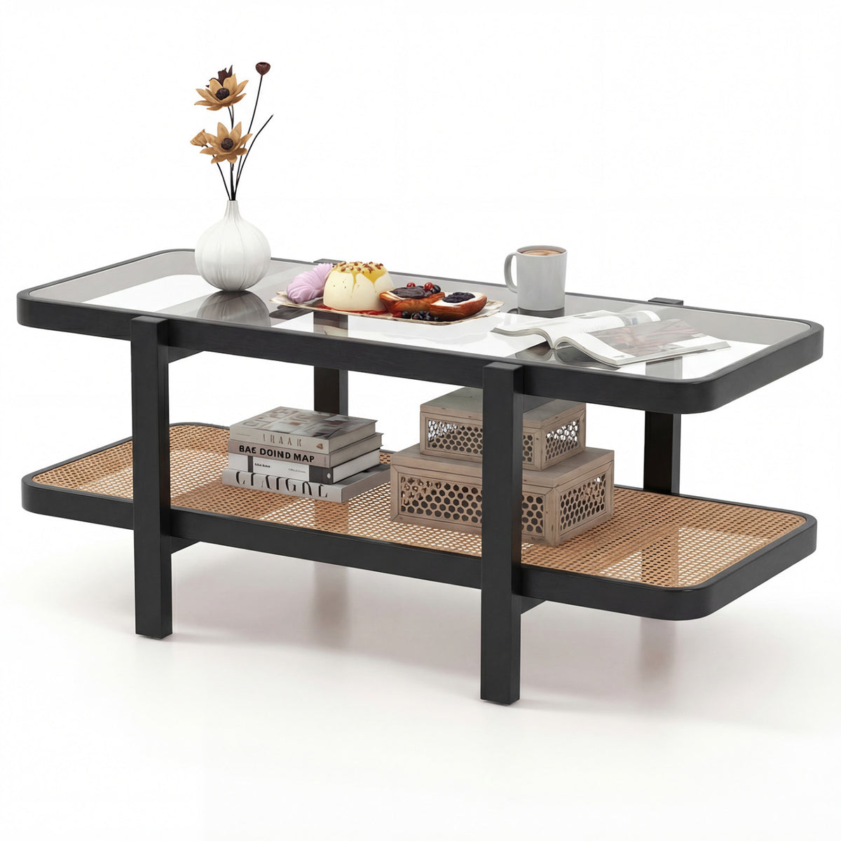 2-Tier Coffee Table with Storage and Tempered Glass Tabletop