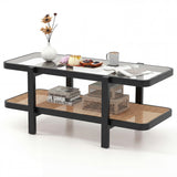 2-Tier Coffee Table with Storage and Tempered Glass Tabletop