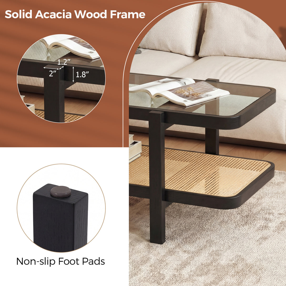 2-Tier Coffee Table with Storage and Tempered Glass Tabletop