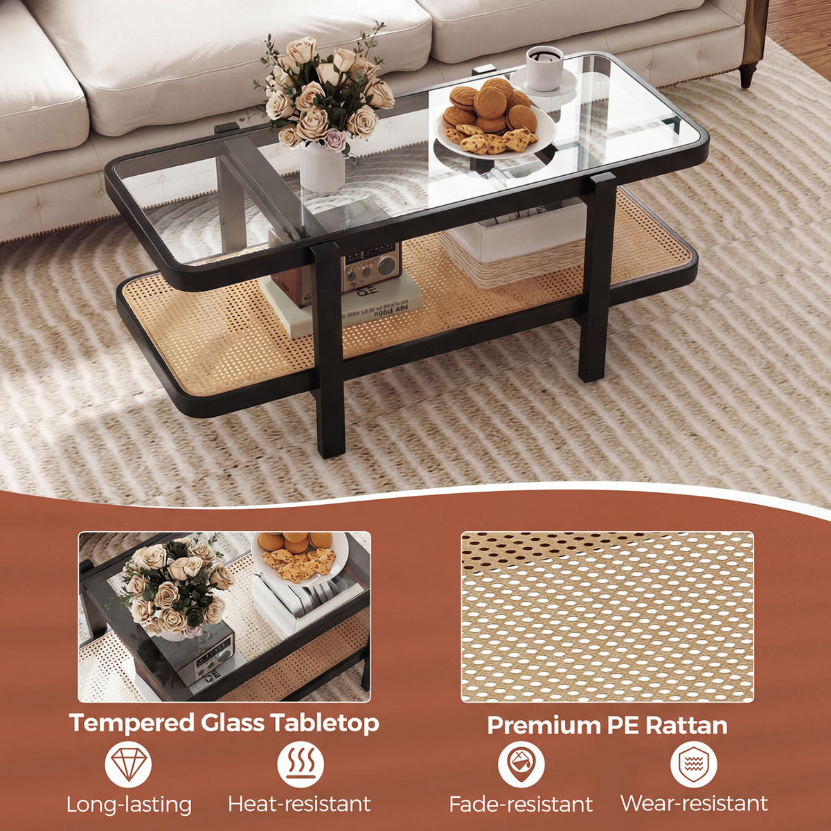 2-Tier Coffee Table with Storage and Tempered Glass Tabletop