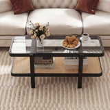 2-Tier Coffee Table with Storage and Tempered Glass Tabletop