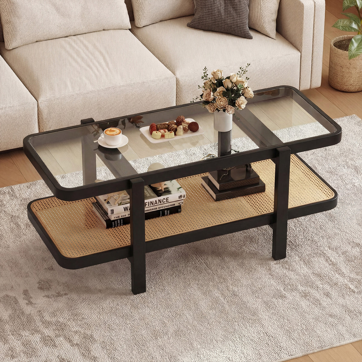 2-Tier Coffee Table with Storage and Tempered Glass Tabletop