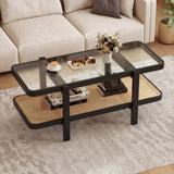 2-Tier Coffee Table with Storage and Tempered Glass Tabletop