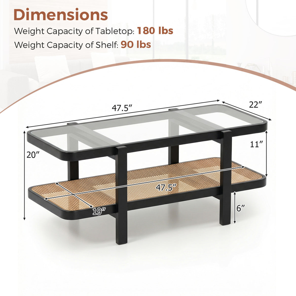 2-Tier Coffee Table with Storage and Tempered Glass Tabletop