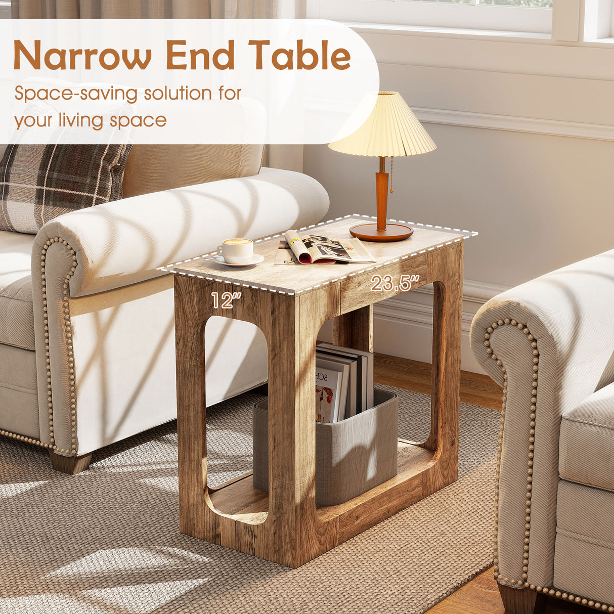 2-Tier End Table with Storage Shelf for Living Room-Oak