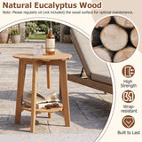 2-Tier Eucalyptus Wood Side Table with Slatted Tabletop and Storage Shelf for Outdoor-Natural