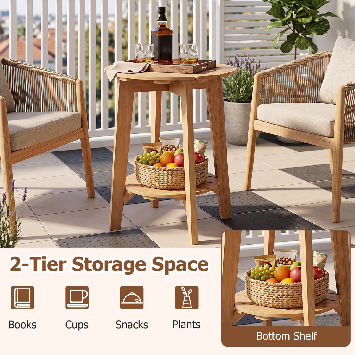 2-Tier Eucalyptus Wood Side Table with Slatted Tabletop and Storage Shelf for Outdoor-Natural