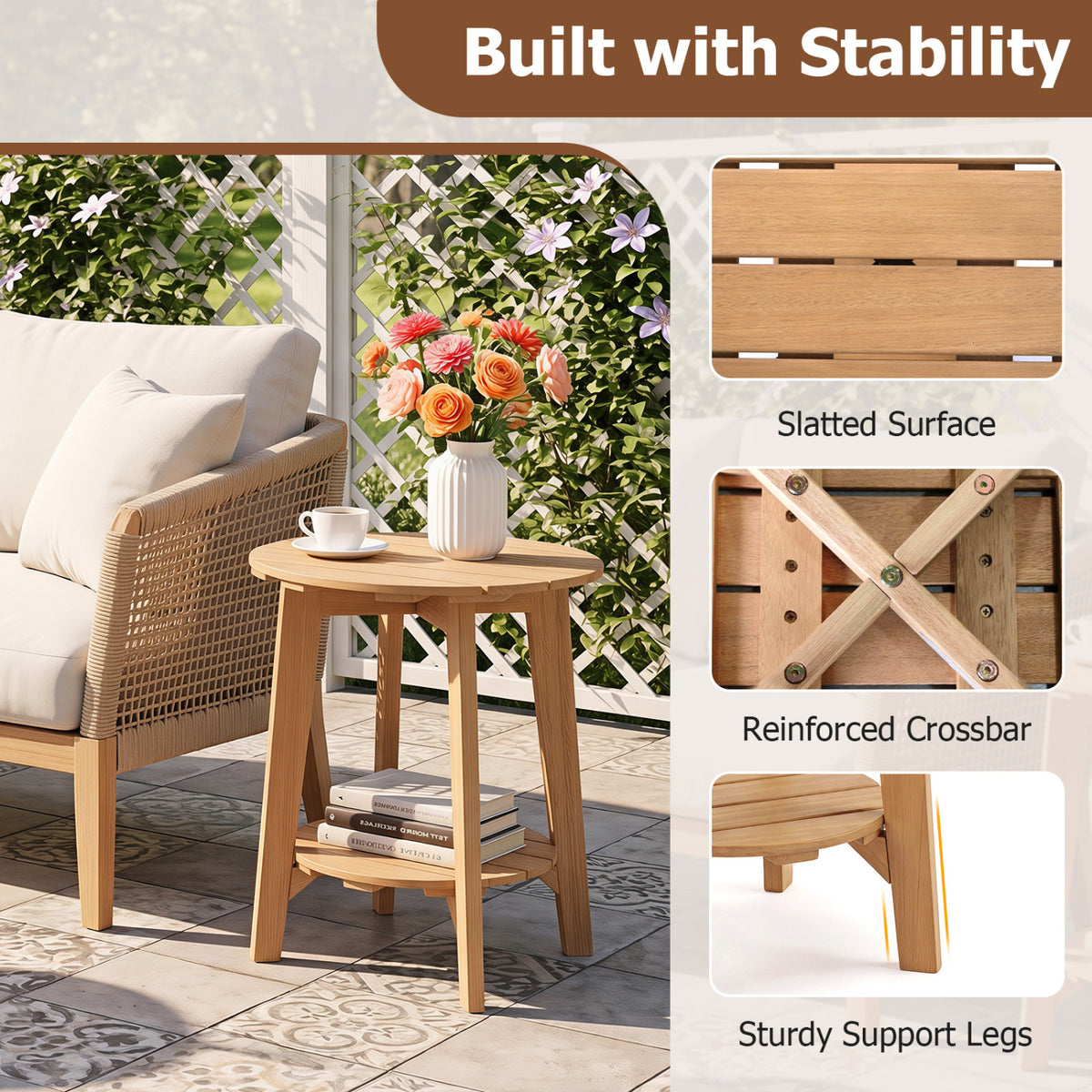 2-Tier Eucalyptus Wood Side Table with Slatted Tabletop and Storage Shelf for Outdoor-Natural