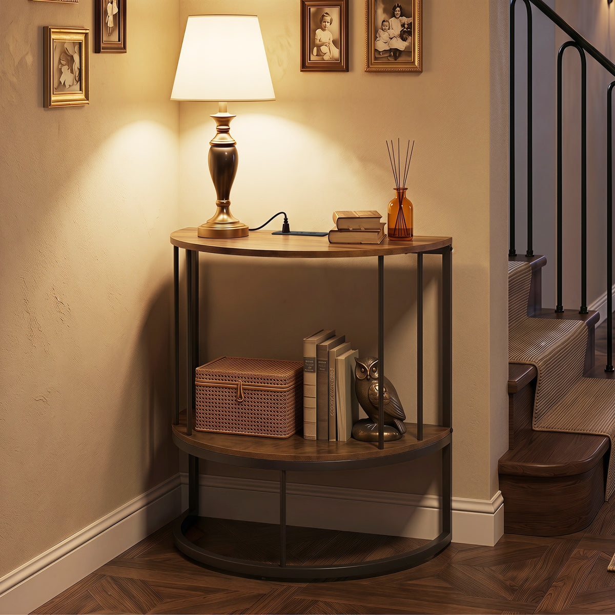 2-Tier Half Moon Console Table with Power Outlets and Storage Shel for Hallway