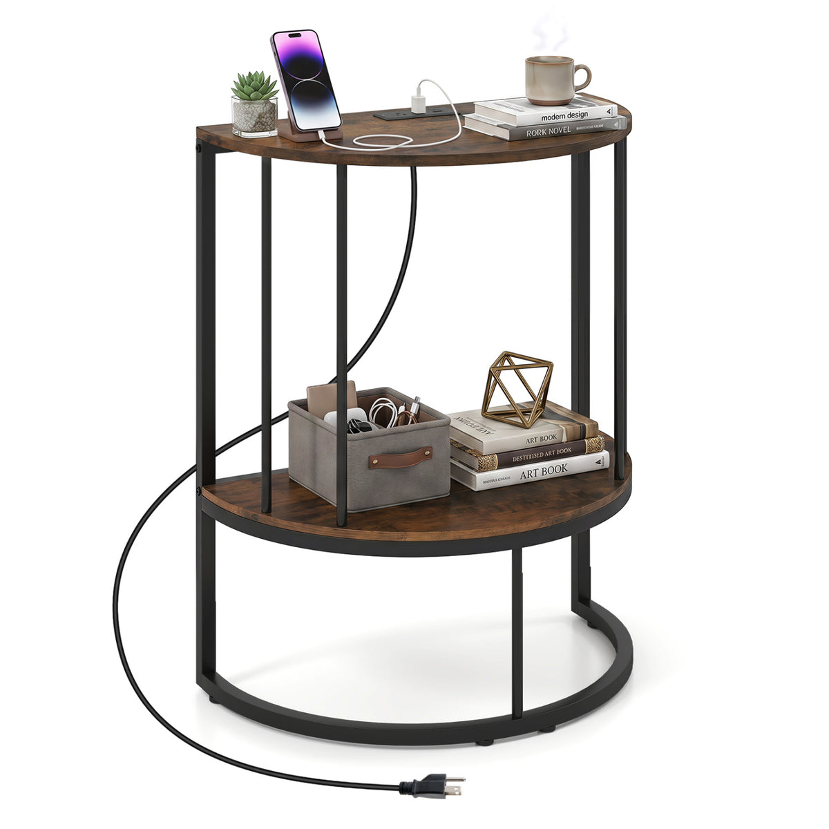 2-Tier Half Moon Console Table with Power Outlets and Storage Shel for Hallway