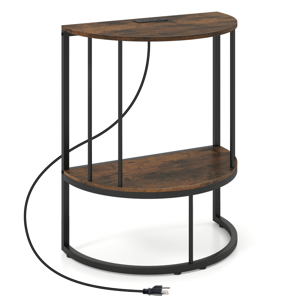 2-Tier Half Moon Console Table with Power Outlets and Storage Shel for Hallway