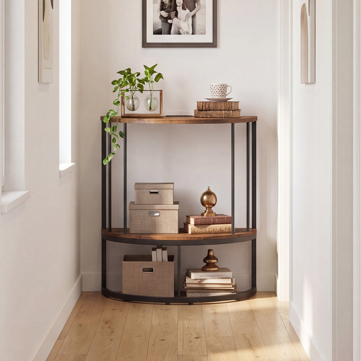 2-Tier Half Moon Console Table with Power Outlets and Storage Shel for Hallway
