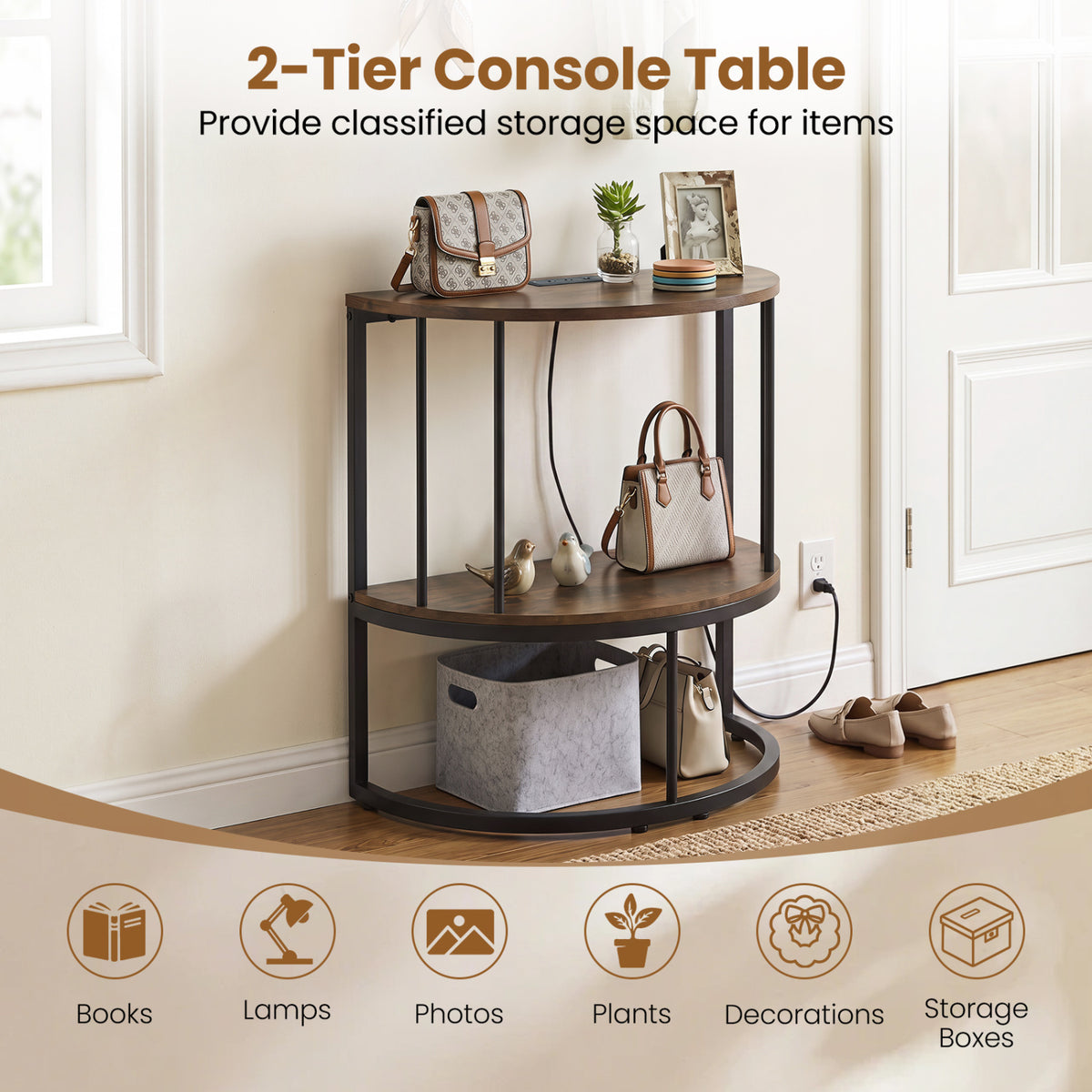 2-Tier Half Moon Console Table with Power Outlets and Storage Shel for Hallway