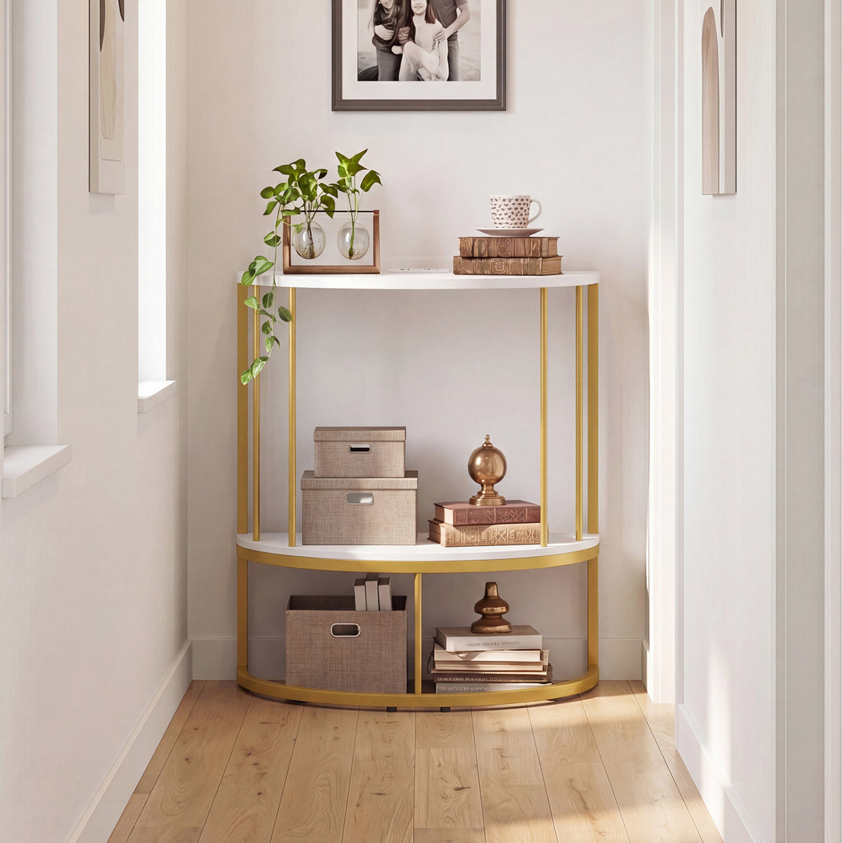 2-Tier Half Moon Console Table with Power Outlets and Storage Shel for Hallway