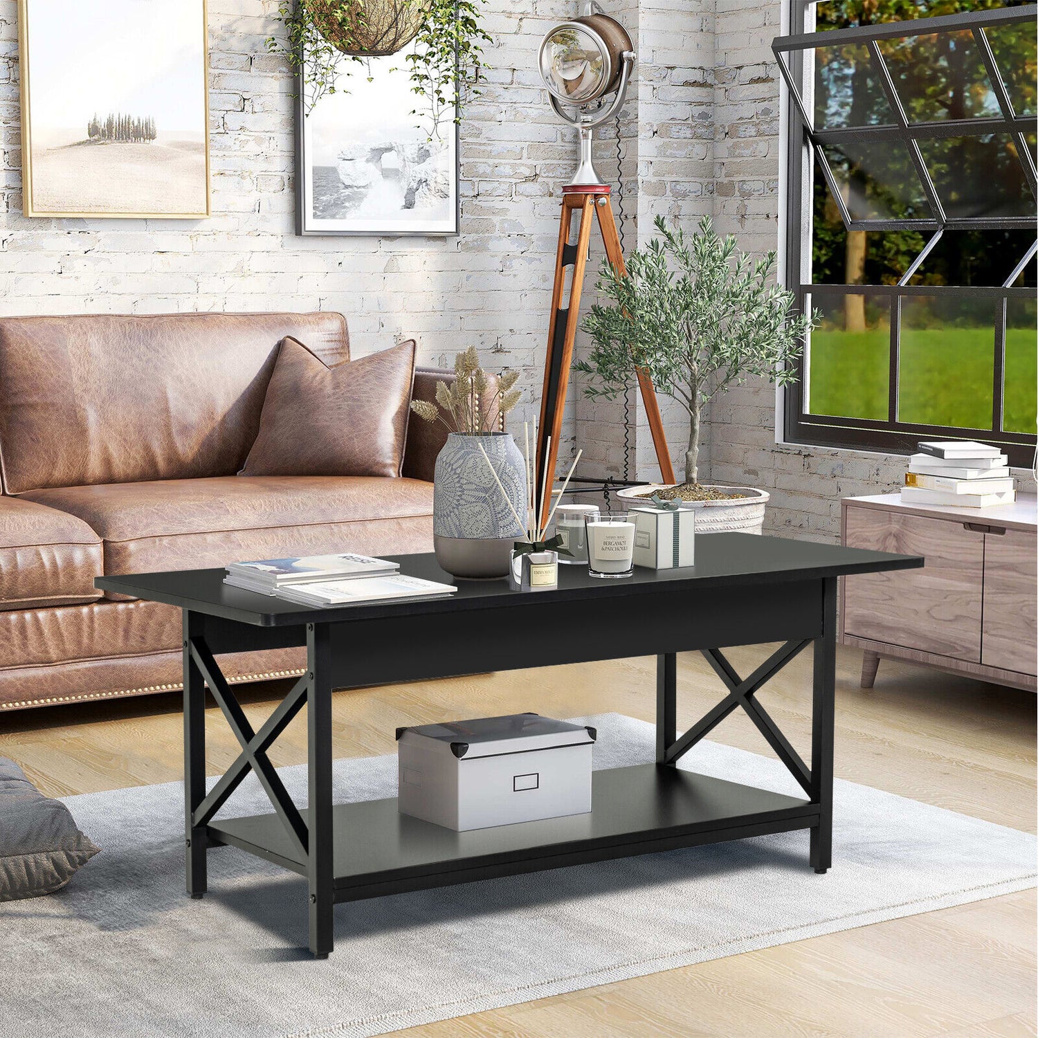2-Tier Industrial Rectangular Coffee Table with Storage Shelf