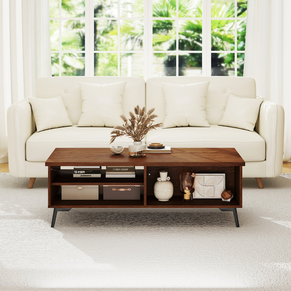 2-Tier Mid Century Modern Coffee Table with Storage Shelves Compartments