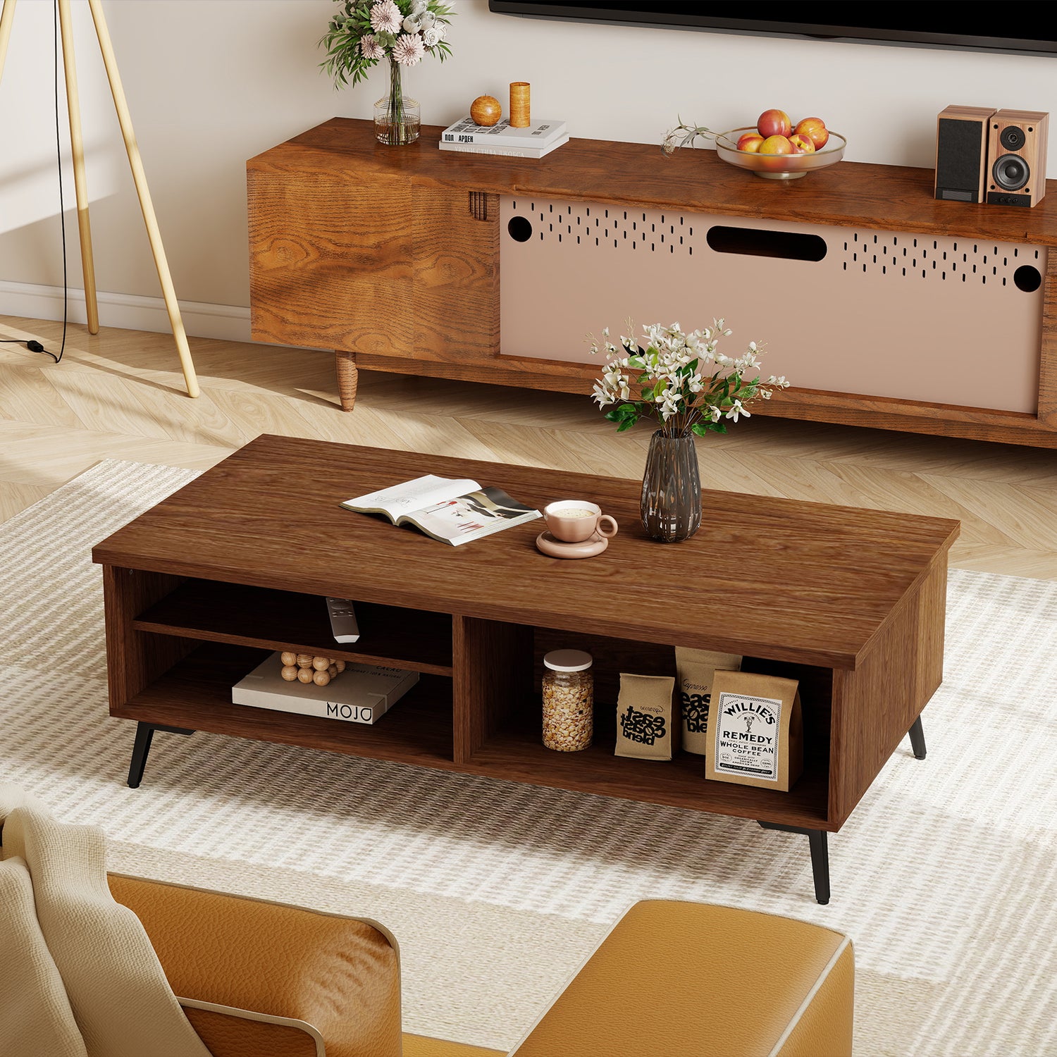 2-Tier Mid Century Modern Coffee Table with Storage Shelves Compartments