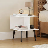 2-Tier Mid Century Modern End Table with 2 Compartments and Metal Legs-White