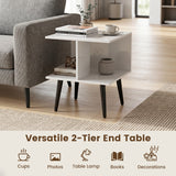 2-Tier Mid Century Modern End Table with 2 Compartments and Metal Legs-White