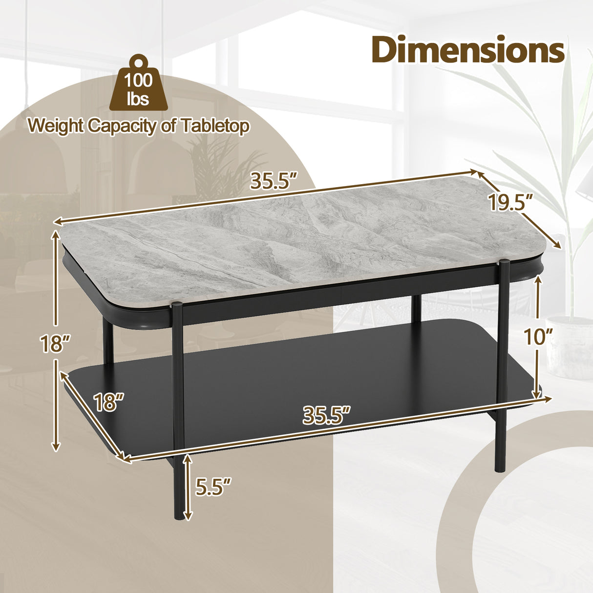 2-Tier Modern Rectangular Coffee Table with Sintered Stone Top