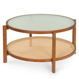2-Tier Rattan Coffee Table with Frosted Tempered Glass Top and Wood Legs-Walnut
