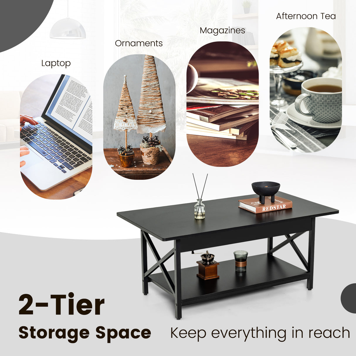 2-Tier Rectangle Coffee Table with Storage Shelf and X-shaped Metal Frame-Black