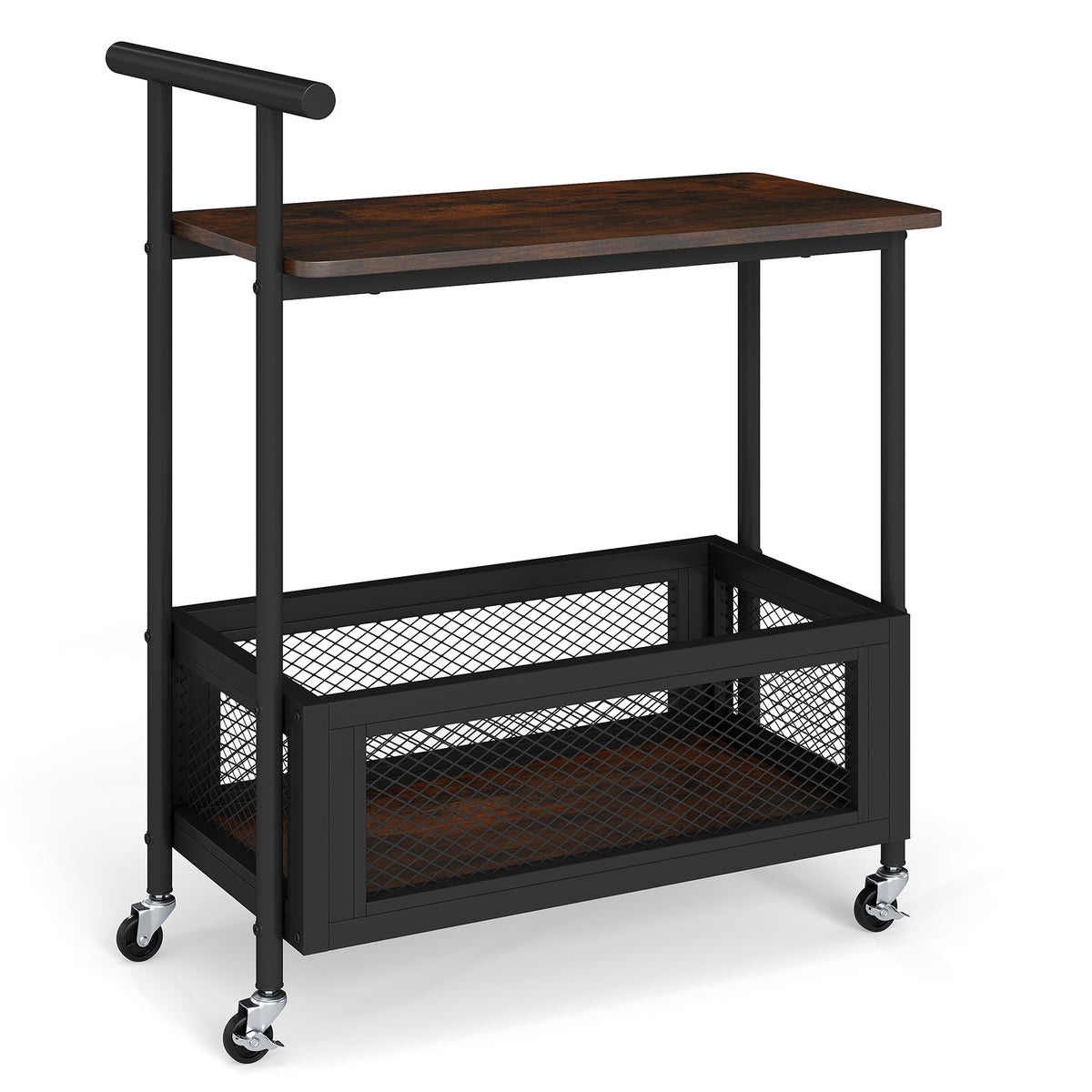 2-Tier Rolling End Table with Handle and Mesh Basket-Rustic Brown
