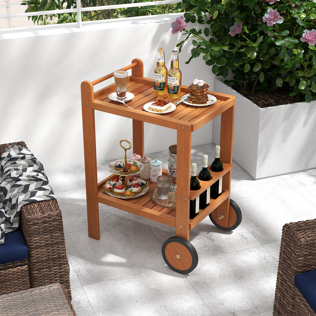 2 Tier Rolling Serving Cart with Wine Bottle Holders and 2 Rubber Wheels
