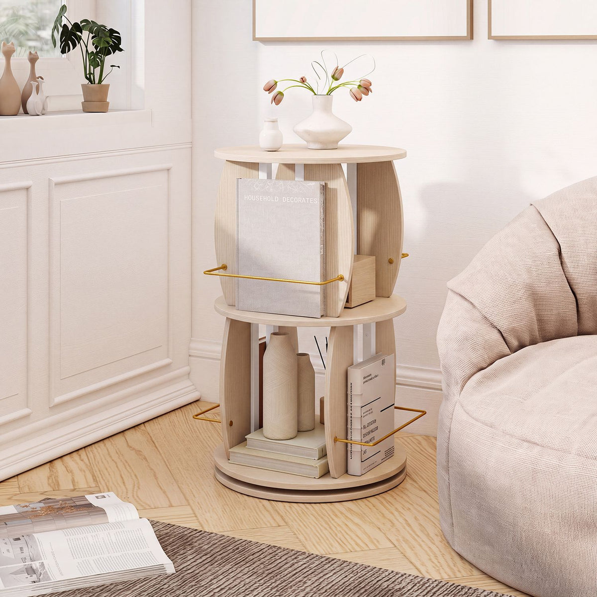 2-Tier Rotating Bookshelf Tower with Display Stands and Side Rails-Oak