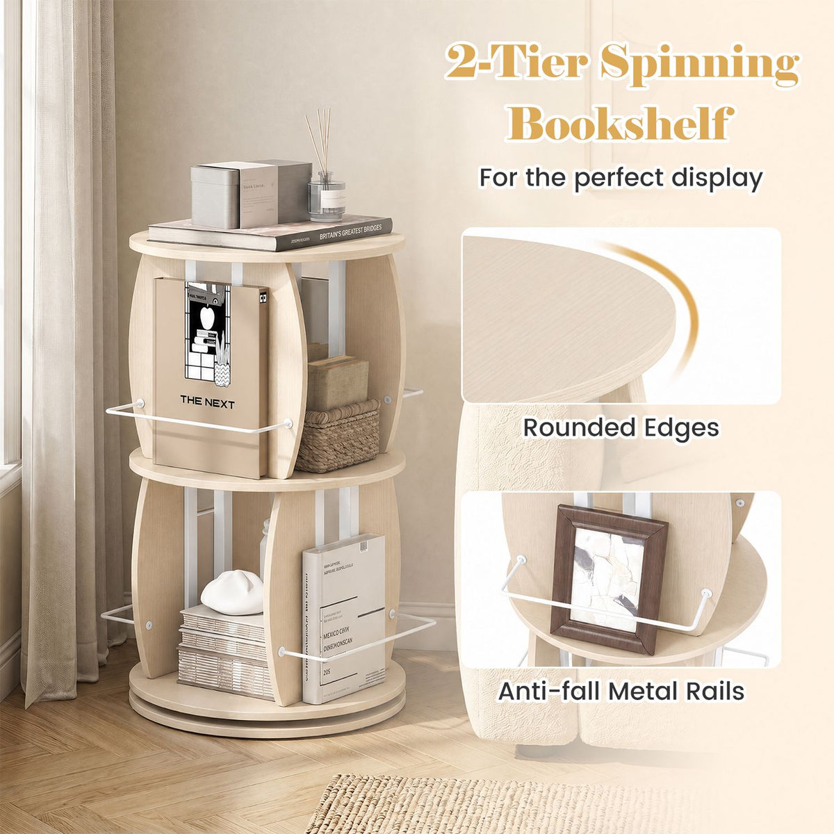 2-Tier Rotating Bookshelf Tower with Display Stands and Side Rails-Oak