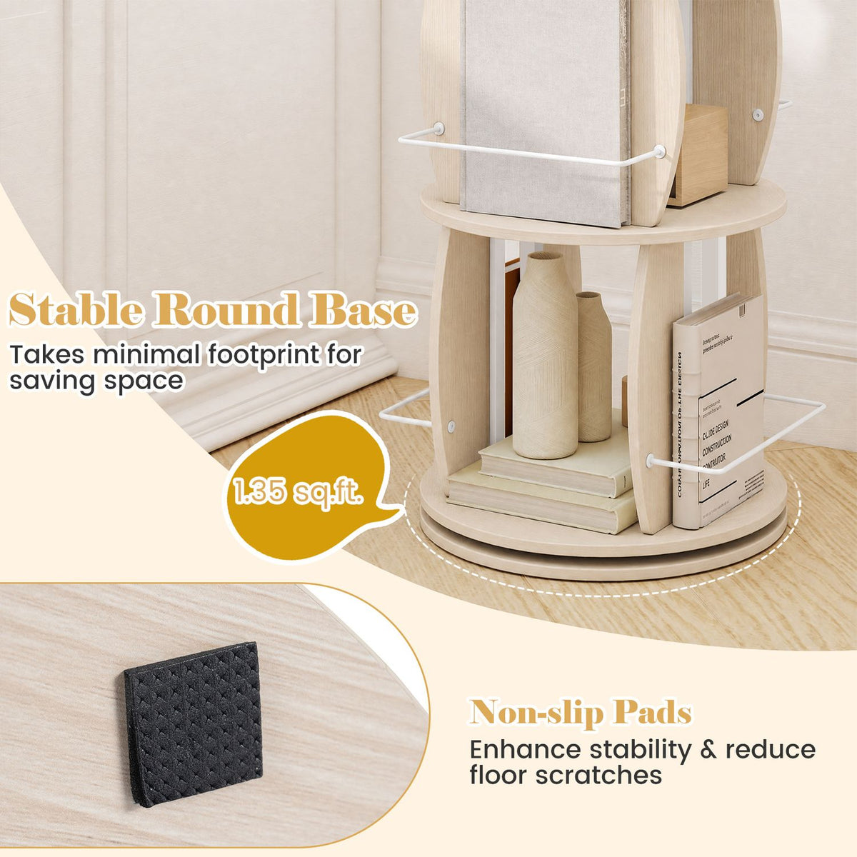 2-Tier Rotating Bookshelf Tower with Display Stands and Side Rails-Oak